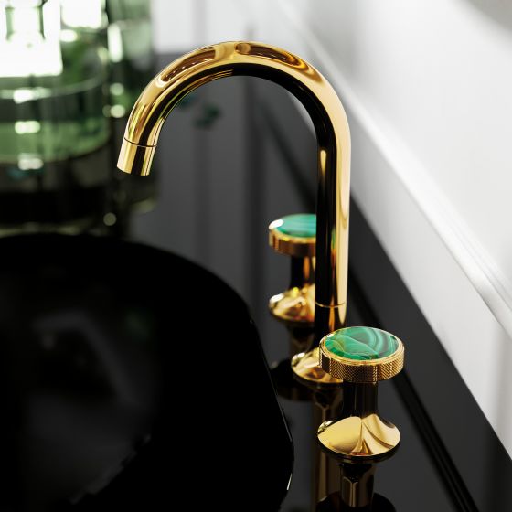 Jörger Design, bathroom aesthetics, taps, Valencia, gold, malachite, handle, option, jewellery design, natural stone, exclusive, elegant, luxurious, decorative, 3-hole mixer, fitting, washbasin, black