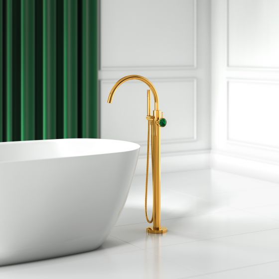 Jörger Design, bathroom aesthetics, fittings, Valencia, gold, malachite, handle, option, jewellery design, high-carat, gemstone, natural stone, exclusive, elegant, luxurious, decorative, one-hand, battery, free-standing, tub, white