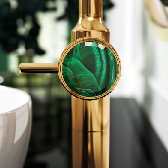 Jörger Design, bathroom aesthetics, taps, Valencia, gold, malachite, handle, option, jewellery design, high-carat, gemstone, natural stone, exclusive, elegant, luxurious, decorative, single-lever mixer, washbasin, white