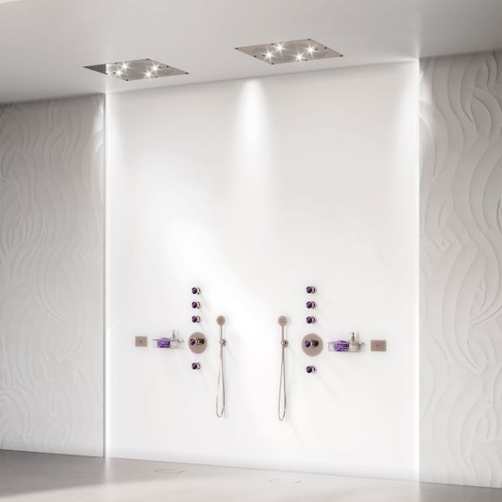 Jörger, design, Valencia, platinum, amethyst, violet, luxury, shower, spa, wellness, rain shower head, colour therapy, chromotherapy, concealed single lever shower mixer, joerger
