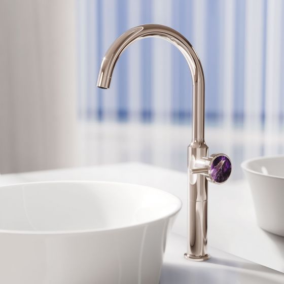 Jörger, design, Valencia, platinum, amethyst, violet, faucet handle, washbasin tap, XXL, luxury, jewellery design, white, tulip, nature, Duravit, Starck, joerger
