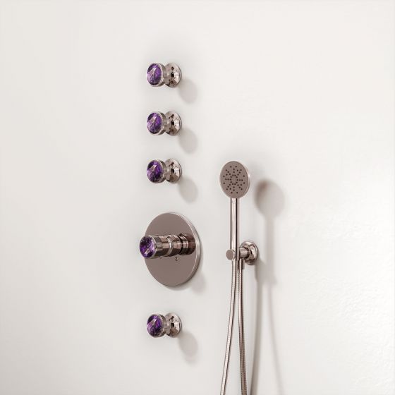 Jörger, design, Valencia, platinum, amethyst, violet, luxury, jewellery, shower, chromotherapy, concealed single lever, wall valve, joerger