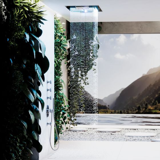Jörger, Rainheaven, душевая панель, потолочный, тропический душ, дождевой душ, душевая система, тип струи, режим потока, термостат, скрытый монтаж, XXL, большой, велнесс, дизайн, Home spa, люкс, премиум, хромотерапия , функции, Valencia