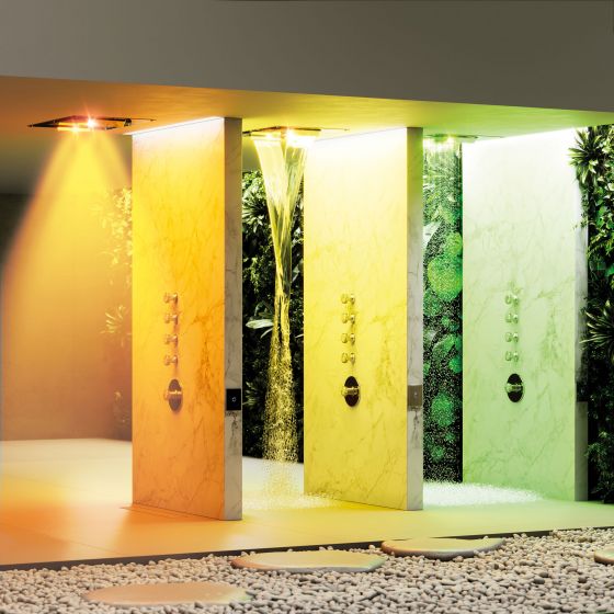 Jörger, Rainheaven, душевая панель, потолочный, тропический душ, душевая система, тип струи, режим потока, термостат, XXL, большой, велнесс, дизайн, Home spa, люкс, премиум, хромотерапия , цветотерапия, релакс, оздоровительный, топ-модель