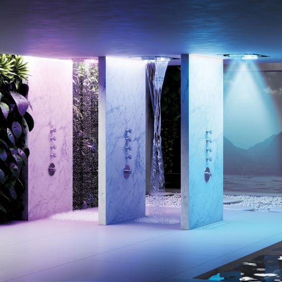 Jörger Design, spa, wellness, luxury, Valencia, platinum, white turquoise, exclusive, elegant, modern, shower panel, ceilings, rain, shower, waterfall, shower head, chromotherapy, colour therapy, concealed thermostat, valve modules, hand shower
