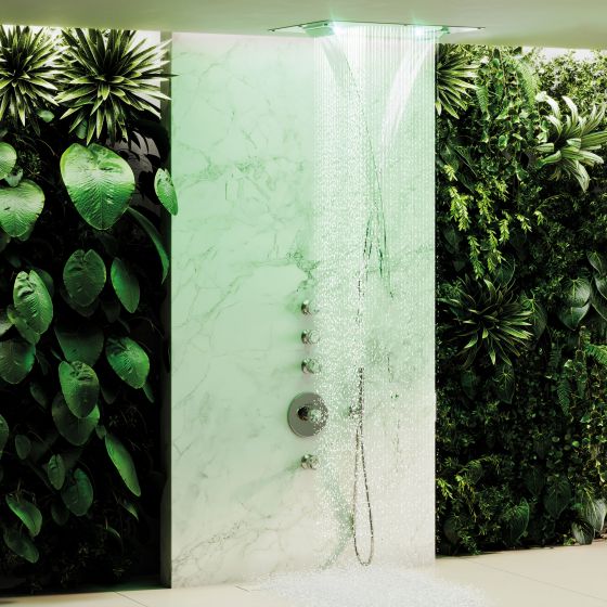 Jörger, Rainheaven, душевая панель, потолочный, тропический душ, режим потока, водопад, душевая система, верхний душ, тип струи, хромотерапия, цветотерапия, XXL, большой, велнесс, дизайн, Home spa, люкс, релакс, функции