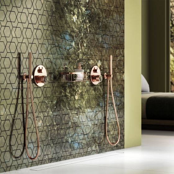 Jörger Design, bathroom, aesthetics, luxury, faucets, fittings, Valencia, rose gold, Labradorite, jewellery edition, natural stone, unique, elegant, charming, single lever wall tub and shower mixer, concealed, hose shower set, sponge basket, wall tiles, M