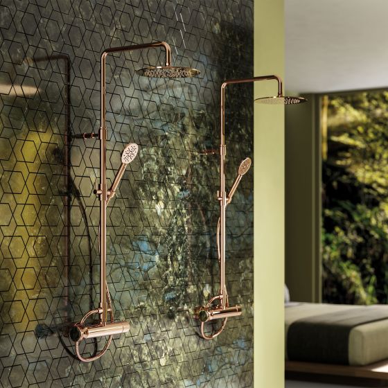 Jörger Design, bathroom, aesthetics, luxury, Valencia, rose gold, Labradorite, jewellery edition, natural stone, unique, elegant, charming, single lever wall tub and shower mixer, concealed, hose shower set, rain shower, wall tiles, Marble Dream