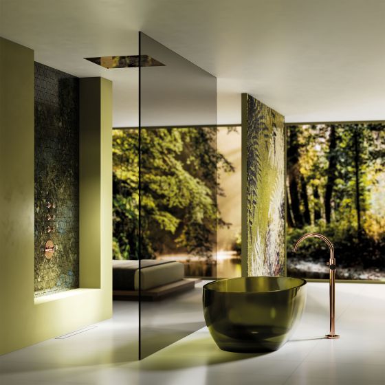 Jörger Design, emotional, bathroom, ensuite, aesthetics, wellness, luxury, lifestyle, Valencia, Rose Gold, Labradorite, Jewellery Edition, elegant, charming, concealed thermostat, valve modules, rain shower, single-lever bath tub mixer, free standing, Ref