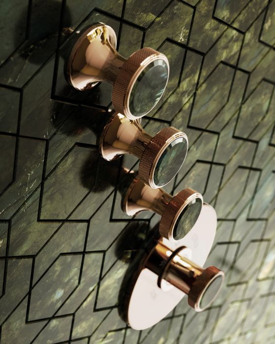 Jörger Design, bathroom, aesthetics, luxury, faucets, fittings, Valencia, rose gold, Labradorite, jewellery edition, natural stone, unique, elegant, charming, luxurious, shower, concealed valve modules, wall tiles, Marble Dream, Atlas Concorde