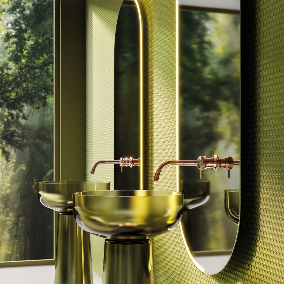 Jörger Design, bathroom, aesthetics, luxury, faucets, fittings, Valencia, rose gold, Labradorite, jewellery edition, natural stone, unique, elegant, charming, luxurious, single lever wall washbasin mixer, single-lever mixer, wall model, Albume, Antonio Lu