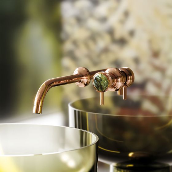 Jörger Design, bathroom, aesthetics, luxury, faucets, Valencia, rose gold, Labradorite, jewellery edition, natural stone, unique, elegant, charming, luxurious, single lever wall washbasin mixer, Albume, Antonio Lupi