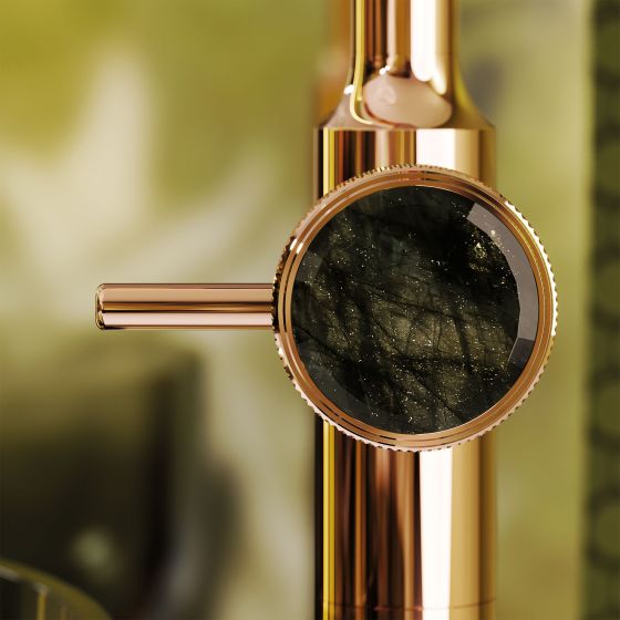 Jörger Design, bathroom, aesthetics, luxury, faucets, fittings, Valencia, rose gold, Labradorite, jewellery edition, natural stone, unique, elegant, charming, single lever washbasin mixer, free standing, single-lever mixer, Albume, Antonio Lupi