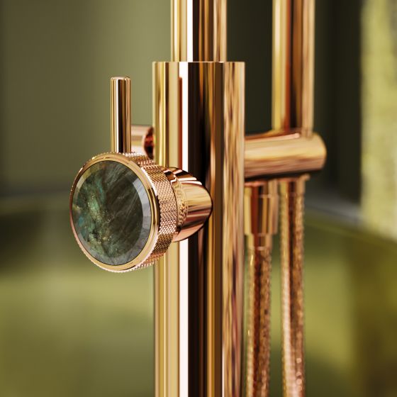 Jörger Design,  Valencia, однорычажный смеситель, дизайнерский, дорогой, напольный, с ручным душем, лабрадорит, розовое золото,  самоцвет, драгоценный камень, натуральный камень, зеленый, элитная сантехника