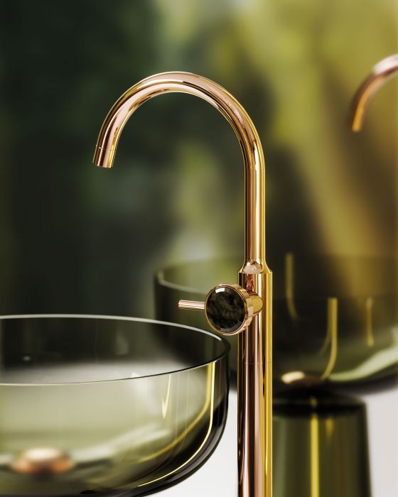 Jörger Design, bathroom, aesthetics, luxury, faucets, fittings, Valencia, rose gold, Labradorite, jewellery edition, natural stone, unique, elegant, charming, single lever washbasin mixer, free standing, single-lever mixer, Albume, Antonio Lupi