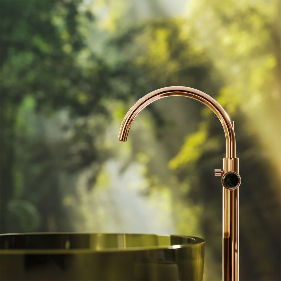 Jörger Design, bathroom, aesthetics, luxury, faucets, fittings, Valencia, rose gold, Labradorite, jewellery edition, natural stone, unique, elegant, charming, luxurious, single-lever bath tub mixer, free standing, Reflex, Antonio Lupi
