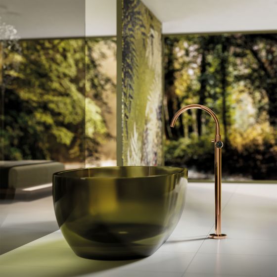 Jörger Design, bathroom, aesthetics, luxury, faucets, fittings, Valencia, rose gold, Labradorite, jewellery edition, natural stone, unique, elegant, charming, luxurious, single-lever bath tub mixer, free standing, Reflex, Antonio Lupi