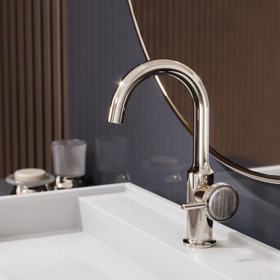 Jörger Design, review of 2023, success story, Valencia, jewellery edition, polished nickel, handle option, natural stone, Palissandro Blue, washbasin, single lever mixer, bathroom fittings, accessories, bathroom interior design, luxury, premium, modern