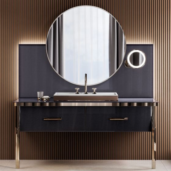 Jörger Design, sophisticated bathroom design, Valencia, polished nickel, Palissandro Blue, marble, natural stone, handle inlay, jewellery edition, washbasin 3-hole mixer, refined, elegant, Milldue, Hilton 05, Detroit 80 ceramilux washbasin