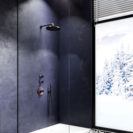 Jörger Design, Valencia, mink matt, blue aventurine, exclusive, elegant, modern, luxurious, shower, concealed wall thermostat, concealed wall-valve-modul, shower combination, rain shower head, shower tray, Bette, floor-level 