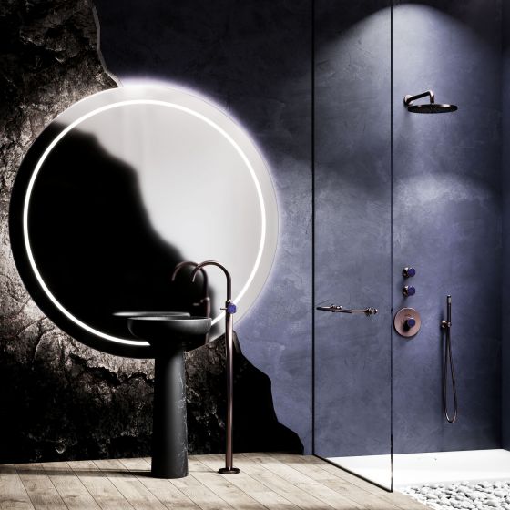 Jörger Design, Valencia, mink matt, blue aventurine, exclusive, elegant, modern, luxurious, free standing, single lever washbasin mixer, marble washbasin, Antonio Lupi, Nero Marquinia, black marble, mirror, LED lighting, shower tray, Bette, floor-level, c