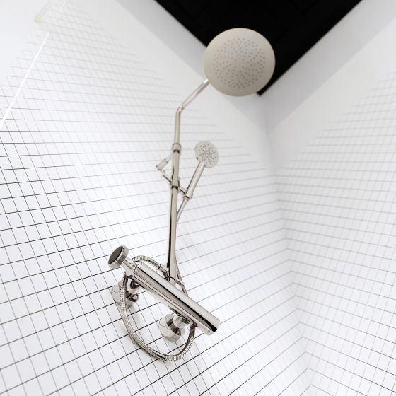 Jörger Design, VALENCIA, single-lever mixer, polished nickel, black crystal, exposed set with shower thermostat, shower set, supply pipe, shower combination, rain shower head, luxurious, premium