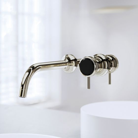 Jörger Design, VALENCIA, Designer Armatur, Einhebelmischer, Wandmontage, Spiegelmontage, Silbernickel, schwarzer Kristall, geschliffen