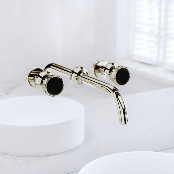 Jörger Design, VALENCIA, designer tap, washbasin 3-hole mixer, wall-mounted, mirror, mounting, polished nickel, black crystals, polished, simple, elegant, luxurious, industrial design