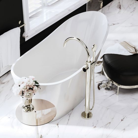 Jörger Design, VALENCIA, stylish interior, luxurious, bathroom, designer faucet, polished nickel, black crystal, floor standing, for bathtub, premium, oval bathtub, freestanding