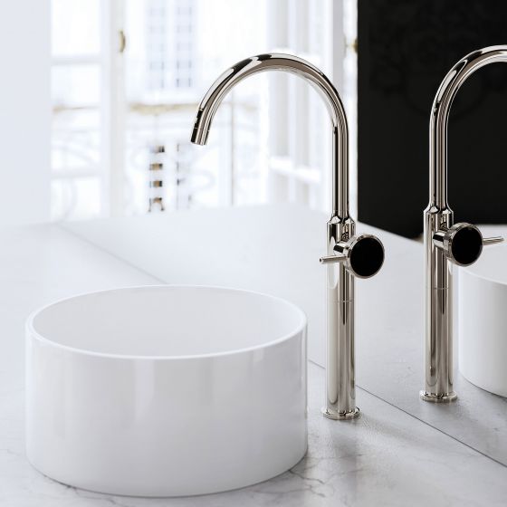 Jörger Design, VALENCIA, designer faucet, single-lever mixer, polished nickel, black crystal, washbasin, XXL washbasin tap, premium, white round washbasin, swivel spout