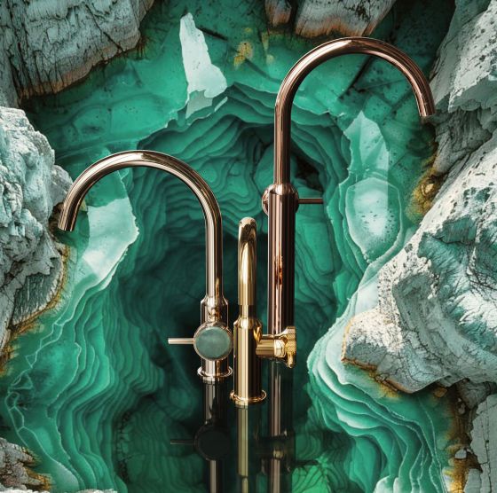 Jörger Design,  Valencia, однорычажный смеситель, на раковину, дизайнерский, высокий, XL, зеленый авантюрин, самоцвет, натуральный камень, золото, 24-каратный, позолоченная латунь, розовое золото, благородная латунь