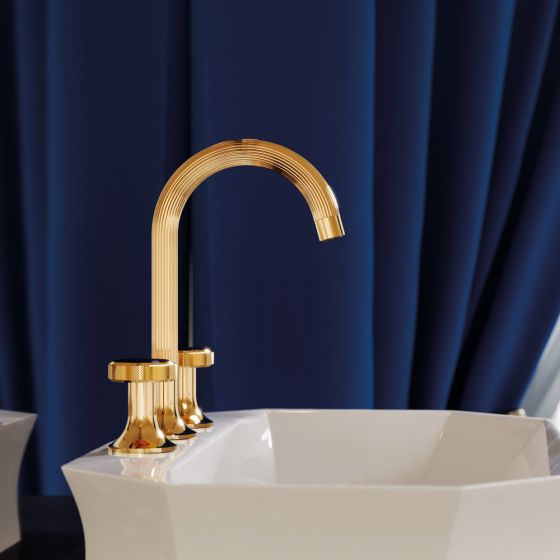 Jörger Design, VALENCIA, CRONOS, gold, natural stone, Blue Aventurine, handle variation, groove design, customizing, individuality, customer satisfaction, unique piece, washbasin 3-hole mixer, Joerger 