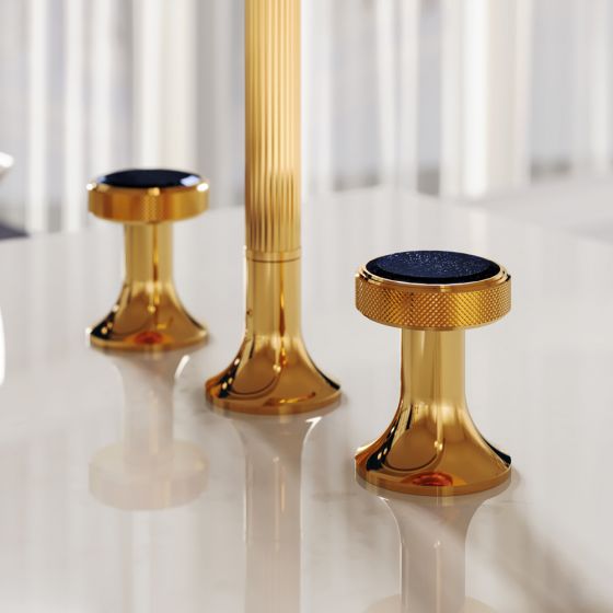 Jörger Design, customizing, VALENCIA, Blue Aventurine, handle inlay, CRONOS, gold, groove design, washbasin 3-hole mixer, 24-carat gold, natural stone, white washbasin, mirror, bathroom, Joerger 