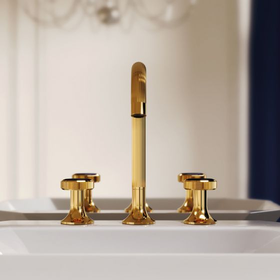 Jörger Design, customizing, VALENCIA, CRONOS, 24-carat gold, natural stone, Blue Aventurine, groove design, washbasin 3-hole mixer, frontal, mirror, individuality, washbasin, project, Joerger 