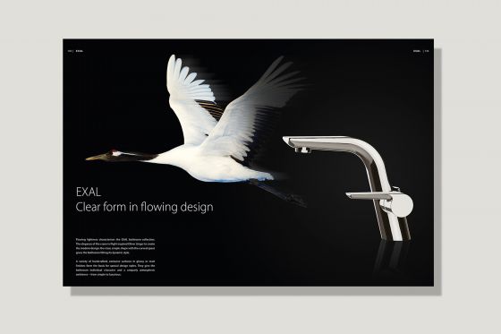 Jörger Design, exemplary inspiration picture, inspopic, sample inspiration image, design by Exal, crane in flight, double page inside, Jörger Magazine 2022, new catalogue, collection, designer luxury fittings, collections, bathroom fittings, accessories