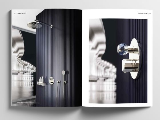 Jörger Design, Broschüre, Bad Ästhetik, Cronos crystal, klassische Armaturen, Rippendesign, Kristallgriffe, Silber Niсkel, Dusche, Unterputz-Thermostat, Ventil-Module, Handbrause, zeitlos, luxuriös, einzigartig