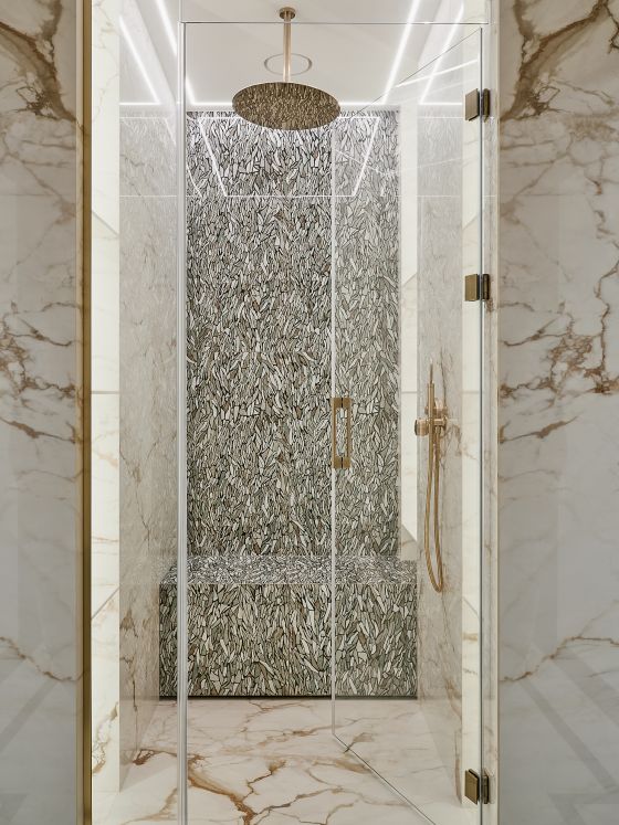 Jörger Design, Valencia, душевой гарнитур, потолочный душ, 300 мм, латунь, Екатерина Горбунова, мрамор, душевая, скамья в нише, мозаика, камень натуральный