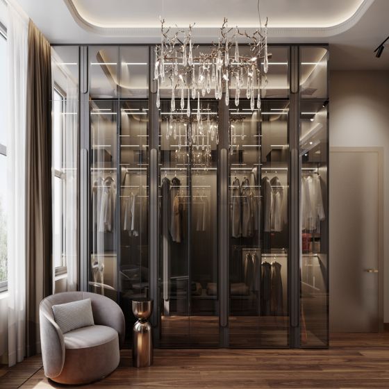 modern Interieur, Innenarchitekt Andrey Silaev, Kleiderschränk, Garderobe, Poliform, glass front, elegant, luxury, LED-Beleuchtung,