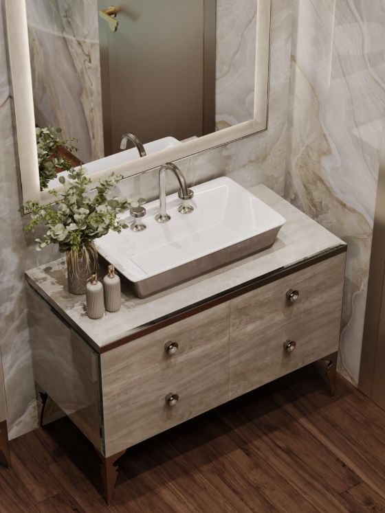 Jörger Design, Valencia, Silbernickel, Griff-Einlage, Schmuck-Edition, 3-Loch-Armaturen, Waschtischbatterie, Baddesign, raffiniert, stilvoll, luxuriös, Waschtisch, Milldue, Wandspiegel