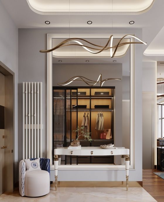 Modern interieur, Innenarchitekt Andrey Silaev, Eingangsbereich, Halle, Art-deco, Poliform, Dekorative Beleuchtung, Kleiderschranke, LED-Beleuchtung, elegant, artistic, luxurious