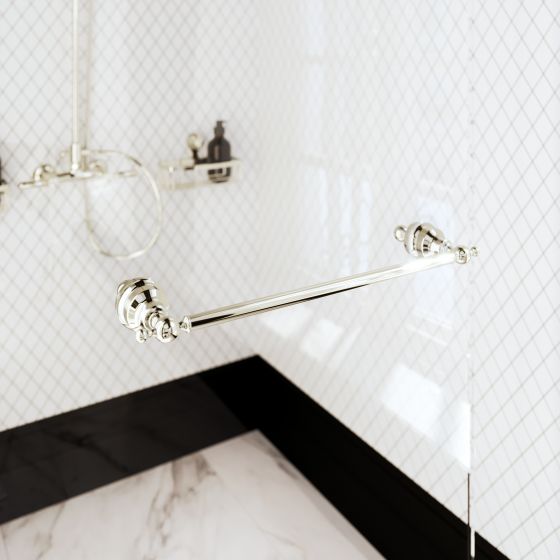 New shower door handle that doubles as a towel holder, here in the Delphi series design, executed in polished nickel by Jörger