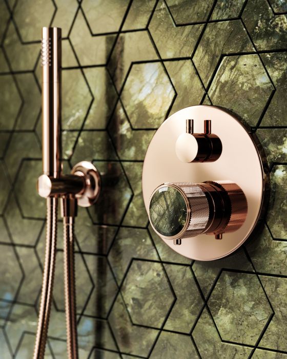 Jörger Design, bathroom, aesthetics, luxury, faucets, fittings, Valencia, rose gold, Labradorite, jewellery edition, natural stone, unique, elegant, charming, single lever wall tub and shower mixer, concealed, hose shower set, wall tiles, Marble Dream