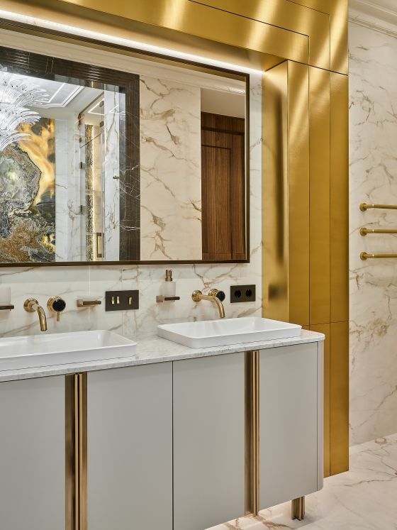 Jörger Design, Valencia, однорычажный смеситель, настенный, латунь, тумба на 2 раковины, мебель для ванной, ар-деко, Екатерина Горбунова дизайнер, золото, премиум