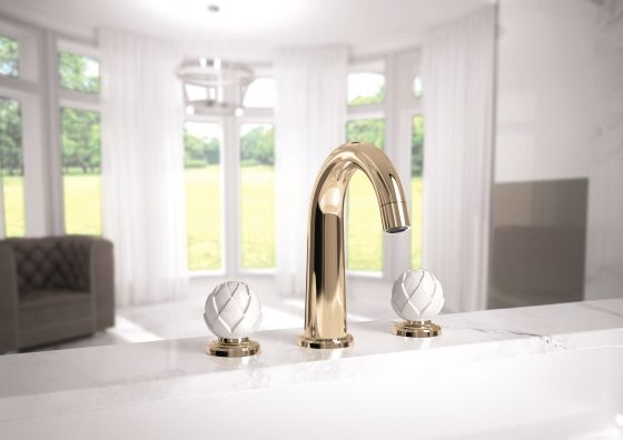 JÖRGER Belledor Washbasin 3-hole tap in sunshine with white porcelain handles by FÜRSTENBERG