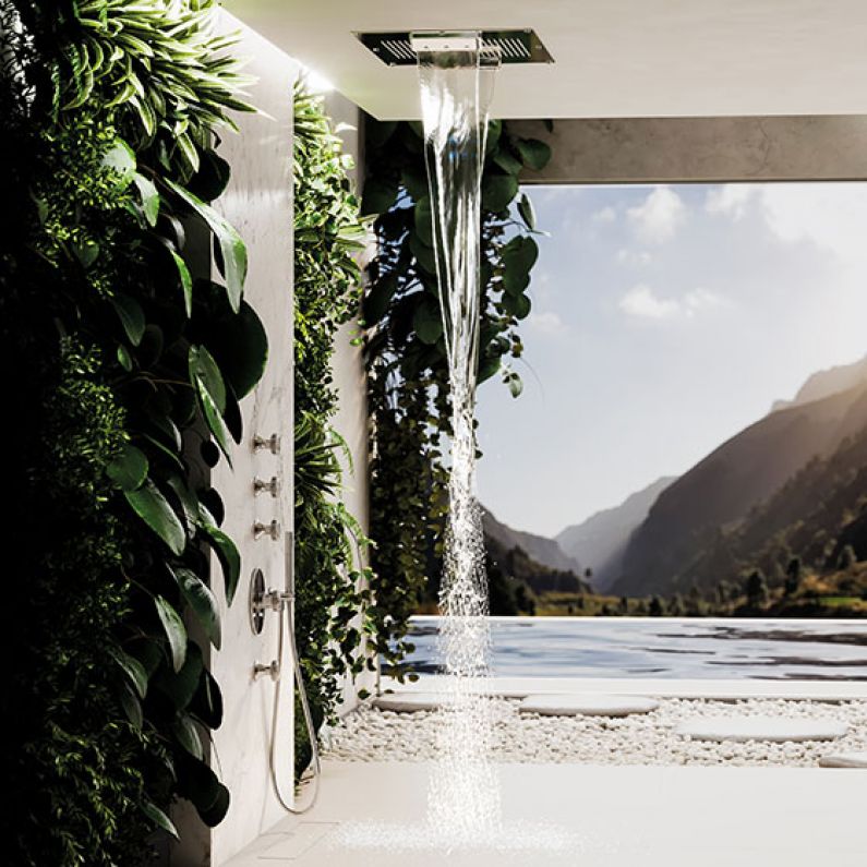 Teaser Joerger Valencia Platin weisser Tuerkis Naturstein Unterputz Thermostat Ventil Module Schlauchbrausegarnitur Regenhimmel 700x500mm Wasserfall rechts links.
