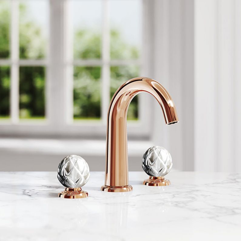 Titelbild Joerger Belledor Waschtisch 3 Loch Armatur in Rosegold mit weissen Perlmuttgriffen