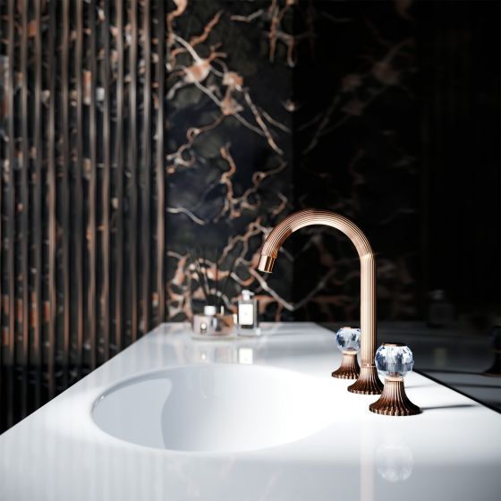Jörger Design, Cronos Crystal, rose gold, crystal handles, washbasin faucet, clear crystal, washbasin, bathroom, designer faucets