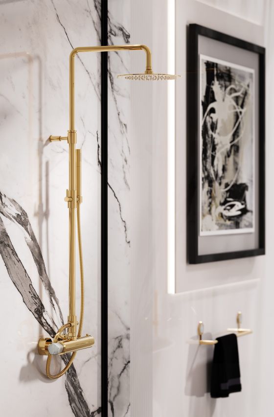 Jörger Design, Shadó, Edelmessing, Naturstein, weißer Türkis, Duschbereich, Dusche, Neoklassik, joerger