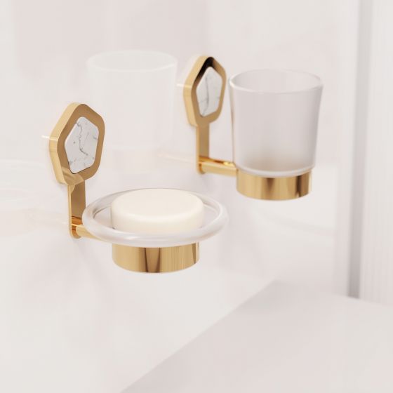 Jörger Design, Shadó, Edelmessing, Naturstein, weißer Türkis, Badezimmeraccessoires, Seifenhalter, Glashalter, joerger