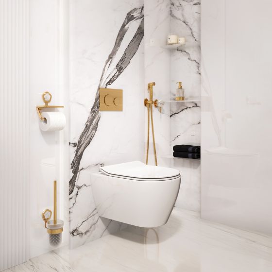 Jörger Design, Shadó, Edelmessing, Naturstein, weißer Türkis, WC-Bereich, Hygienebrause, Accessoires, joerger